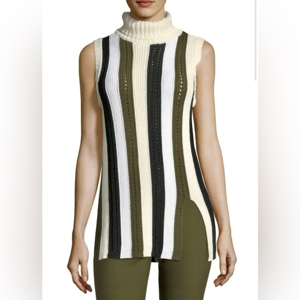 Derek Lam Cream, Black, and Green Striped Turtleneck Sweater Size M